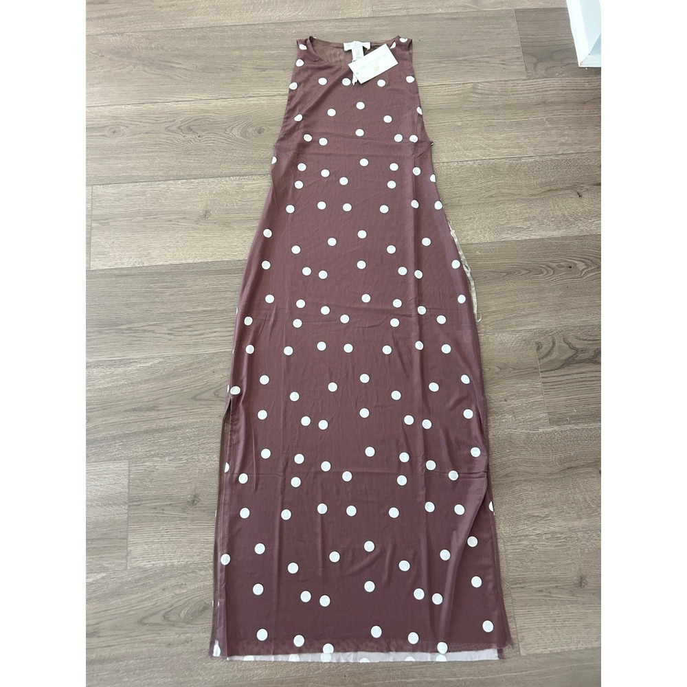 Caroline Constas New XS Brown Polka Dot Mesh Sleeveless Maxi Dress Side Slit NWT